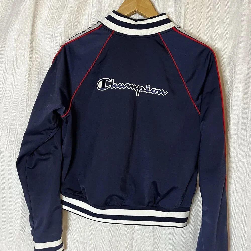 Women Jacket Track Champion‎ Med Blue Cropped Full Zip VTG Logo Casual Training